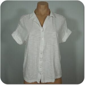 FOR CYNTHIA Top S SMALL Womens White Button Front Back Sheer Fabric Inset